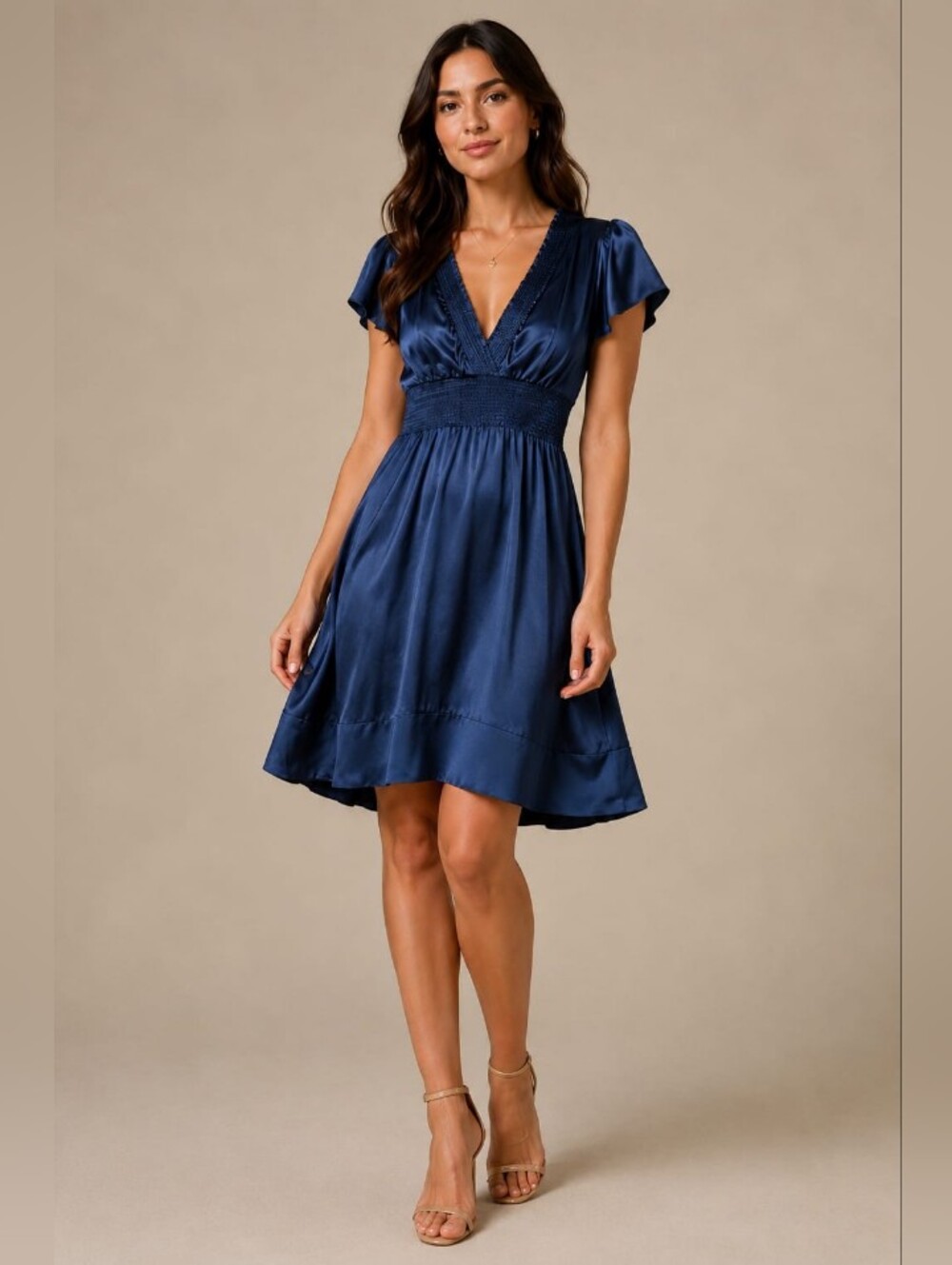 BCBGMaxAzria Navy Satin V-Neck Smocked Waist Mini Dress